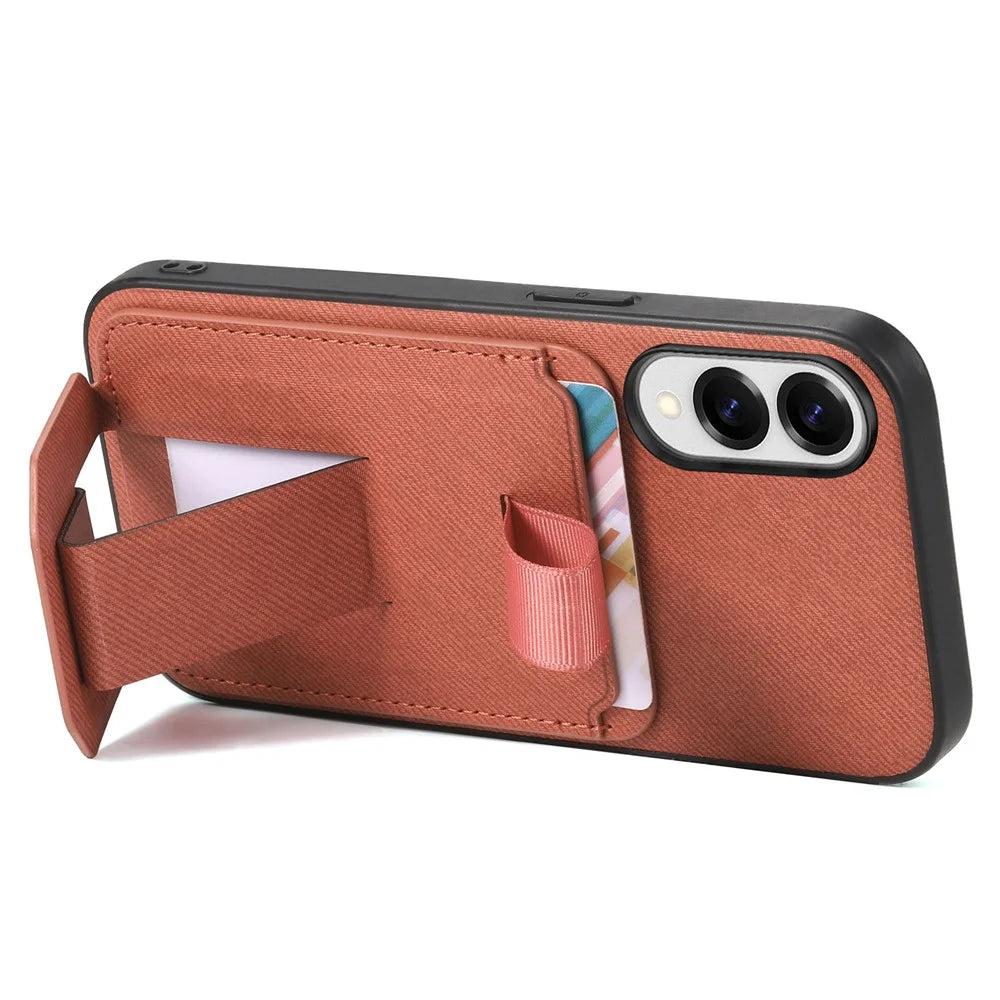 For Samsung Galaxy S25 Edge Case Cloth Texture TPU PU Leather PC Phone Back Cover with Card Holder Kickstand - Brown - 4