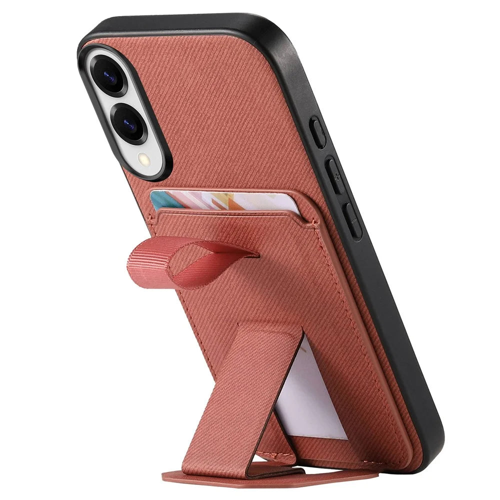 For Samsung Galaxy S25 Edge Case Cloth Texture TPU PU Leather PC Phone Back Cover with Card Holder Kickstand - Brown - 5