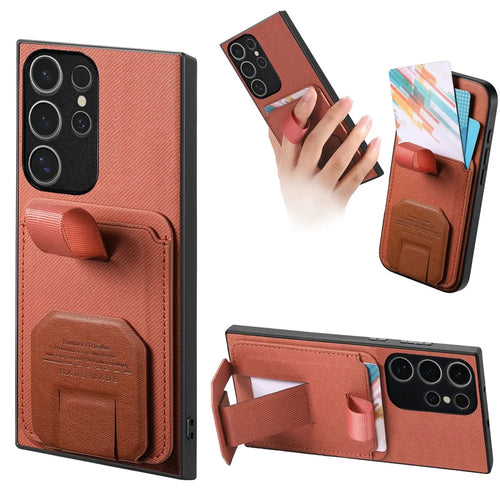 For Samsung Galaxy S25 Ultra Case Cloth Texture TPU PU Leather PC Phone Back Cover with Card Holder Kickstand - Brown - 1