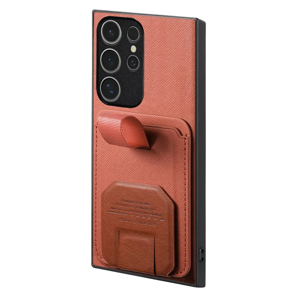 For Samsung Galaxy S25 Ultra Case Cloth Texture TPU PU Leather PC Phone Back Cover with Card Holder Kickstand - Brown - 2