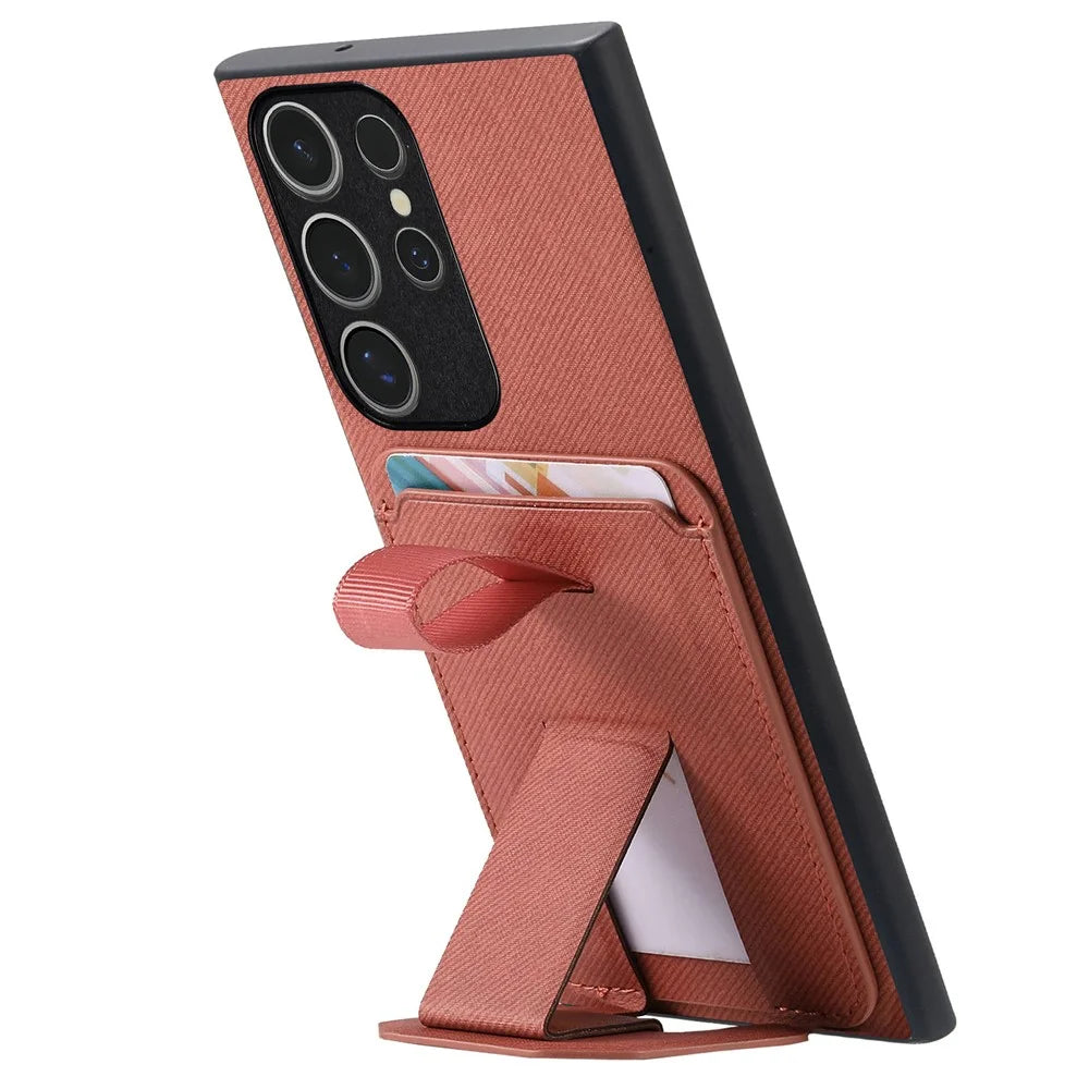 For Samsung Galaxy S25 Ultra Case Cloth Texture TPU PU Leather PC Phone Back Cover with Card Holder Kickstand - Brown - 5