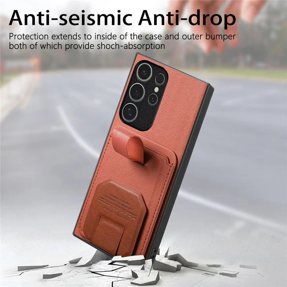 For Samsung Galaxy S25 Ultra Case Cloth Texture TPU PU Leather PC Phone Back Cover with Card Holder Kickstand - Brown - 6