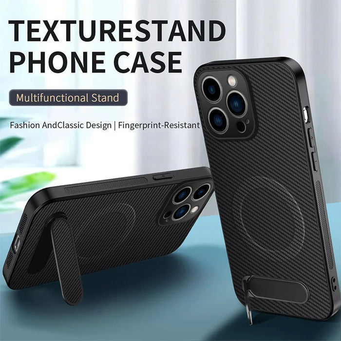 WANLONFENG For iPhone 16 Pro Max Magnetic Case  QT Series Kickstand Carbon Fiber Texture PC TPU Phone Cover - Black - 2