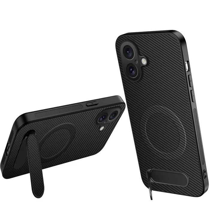 WANLONFENG For iPhone 16 Magnetic Case  QT Series Kickstand Carbon Fiber Texture PC TPU Phone Cover - Black - 1