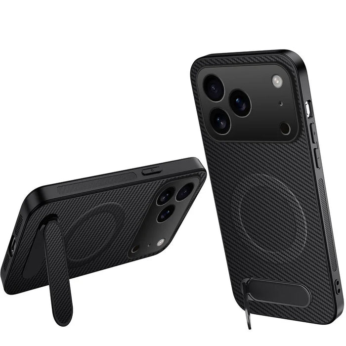 WANLONFENG For iPhone 17 Pro Magnetic Case  QT Series Kickstand Carbon Fiber Texture PC TPU Phone Cover - Black - 1