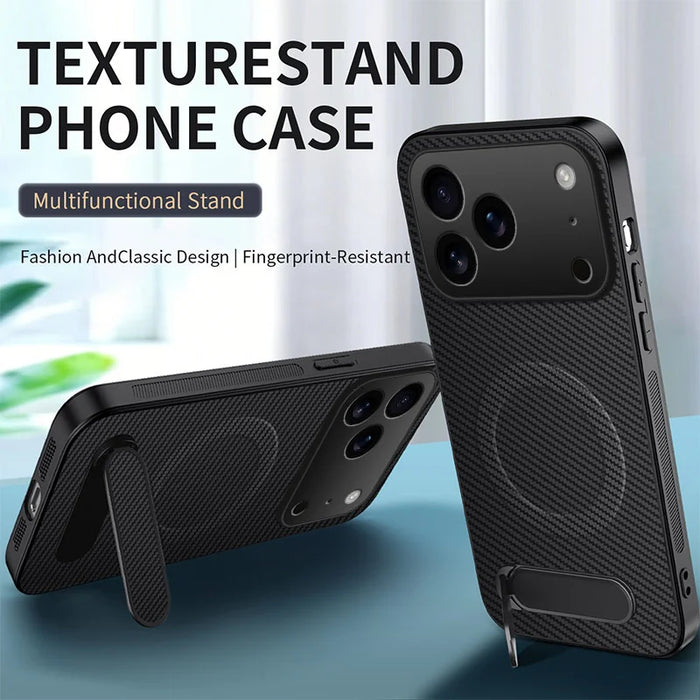 WANLONFENG For iPhone 17 Pro Magnetic Case  QT Series Kickstand Carbon Fiber Texture PC TPU Phone Cover - Black - 2