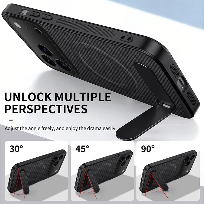 WANLONFENG For iPhone 17 Pro Magnetic Case  QT Series Kickstand Carbon Fiber Texture PC TPU Phone Cover - Black - 4