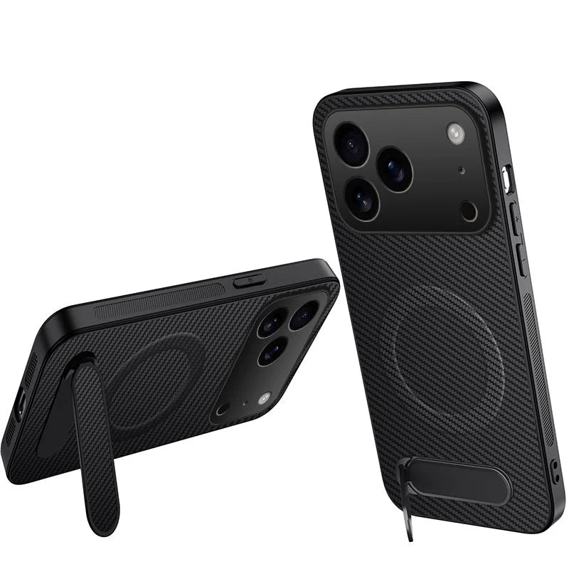WANLONFENG For iPhone 17 Pro Max Magnetic Case  QT Series Kickstand Carbon Fiber Texture PC TPU Phone Cover - Black - 1