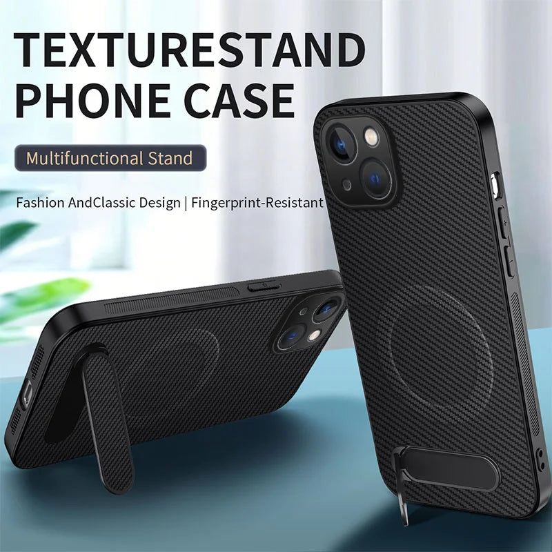 WANLONFENG For iPhone 15 Magnetic Case  QT Series Kickstand Carbon Fiber Texture PC TPU Phone Cover - Black - 2