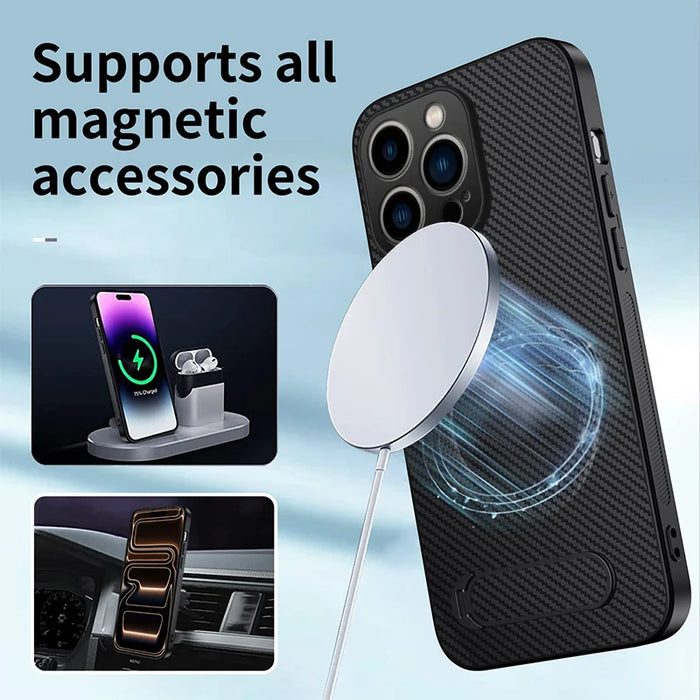 WANLONFENG For iPhone 15 Pro Max Magnetic Case  QT Series Kickstand Carbon Fiber Texture PC TPU Phone Cover - Black - 3