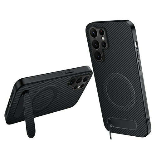 WANLONFENG For Samsung Galaxy S25 Ultra Magnetic Case  QT Series Kickstand Carbon Fiber Texture PC TPU Phone Cover - Black - 1