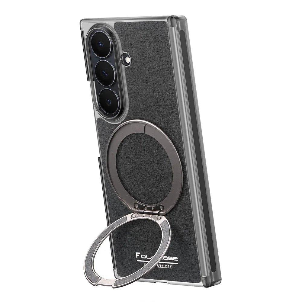 For Samsung Galaxy Z TriFold 5G Magnetic Case with 360° Rotating Ring Kickstand PU TPU PC Dual Axis Shockproof Phone Cover - Black - 1