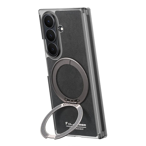 For Samsung Galaxy Z TriFold 5G Magnetic Case with 360° Rotating Ring Kickstand PU TPU PC Dual Axis Shockproof Phone Cover - Black - 1