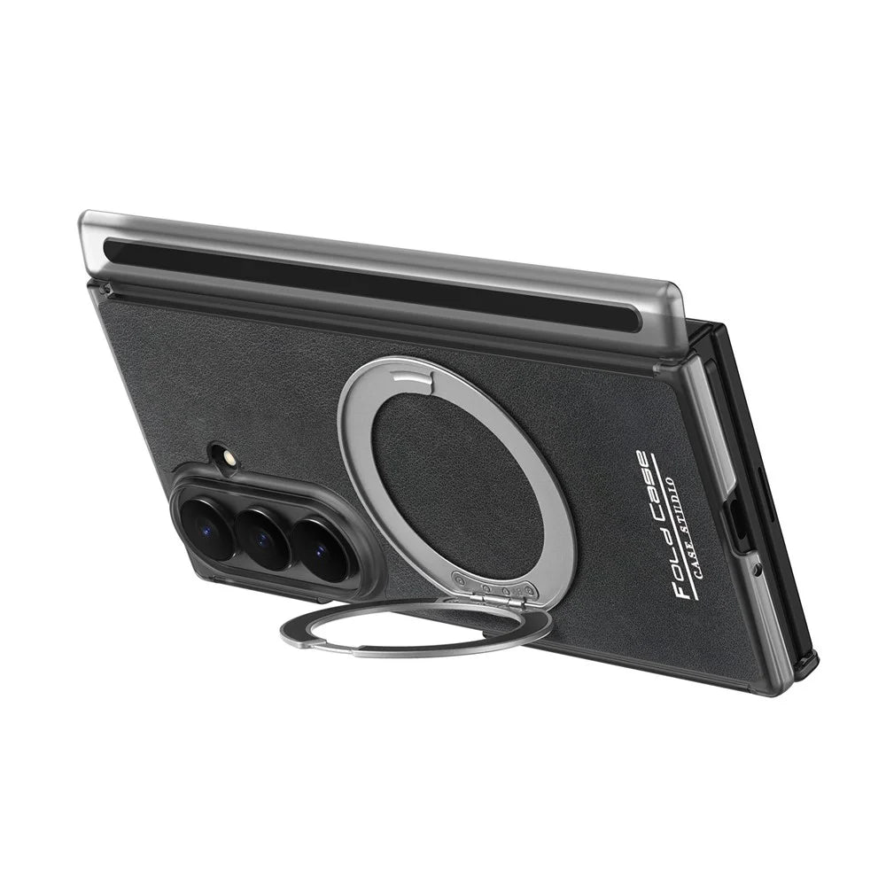 For Samsung Galaxy Z TriFold 5G Magnetic Case with 360° Rotating Ring Kickstand PU TPU PC Dual Axis Shockproof Phone Cover - Black - 2
