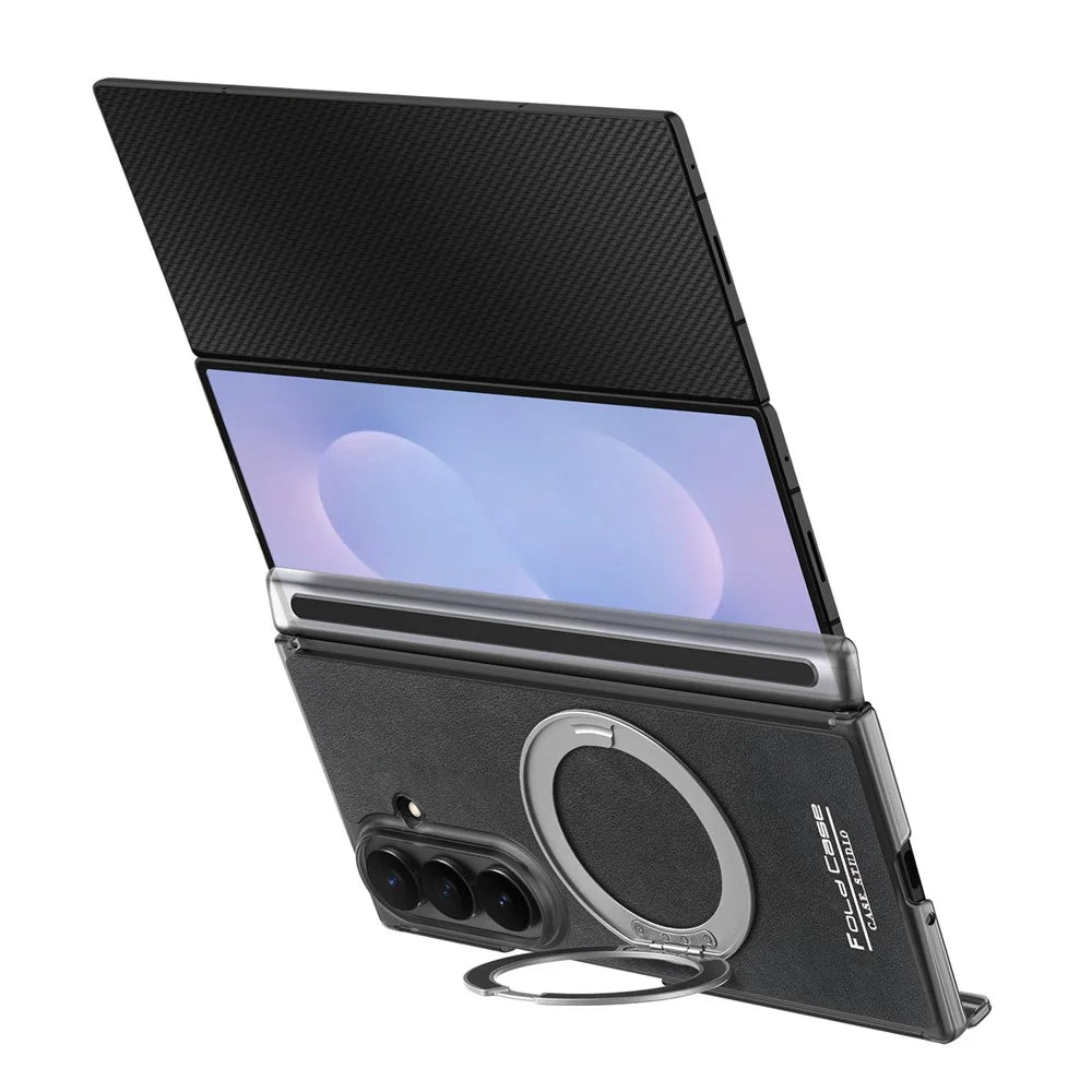 For Samsung Galaxy Z TriFold 5G Magnetic Case with 360° Rotating Ring Kickstand PU TPU PC Dual Axis Shockproof Phone Cover - Black - 3