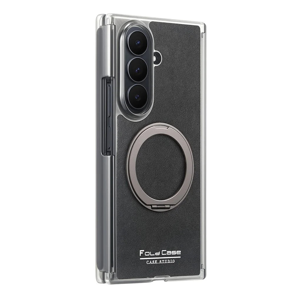 For Samsung Galaxy Z TriFold 5G Magnetic Case with 360° Rotating Ring Kickstand PU TPU PC Dual Axis Shockproof Phone Cover - Black - 4