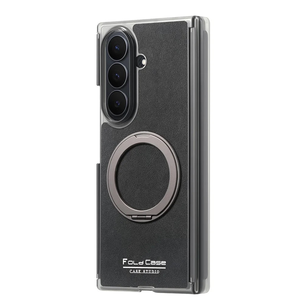For Samsung Galaxy Z TriFold 5G Magnetic Case with 360° Rotating Ring Kickstand PU TPU PC Dual Axis Shockproof Phone Cover - Black - 5