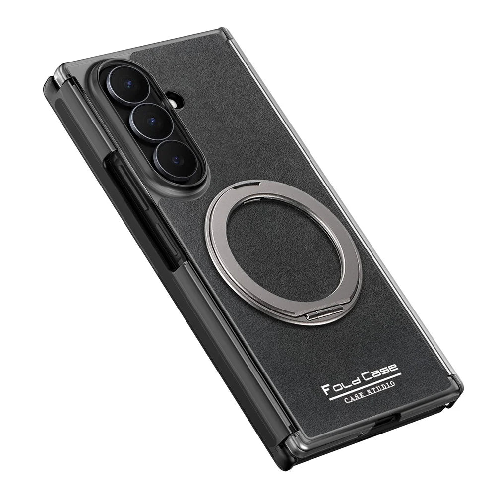 For Samsung Galaxy Z TriFold 5G Magnetic Case with 360° Rotating Ring Kickstand PU TPU PC Dual Axis Shockproof Phone Cover - Black - 6