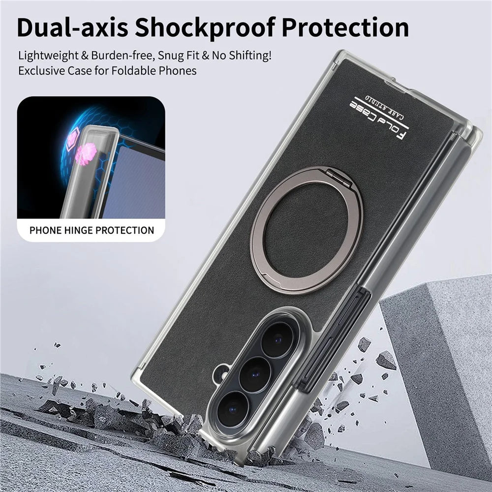 For Samsung Galaxy Z TriFold 5G Magnetic Case with 360° Rotating Ring Kickstand PU TPU PC Dual Axis Shockproof Phone Cover - Black - 7