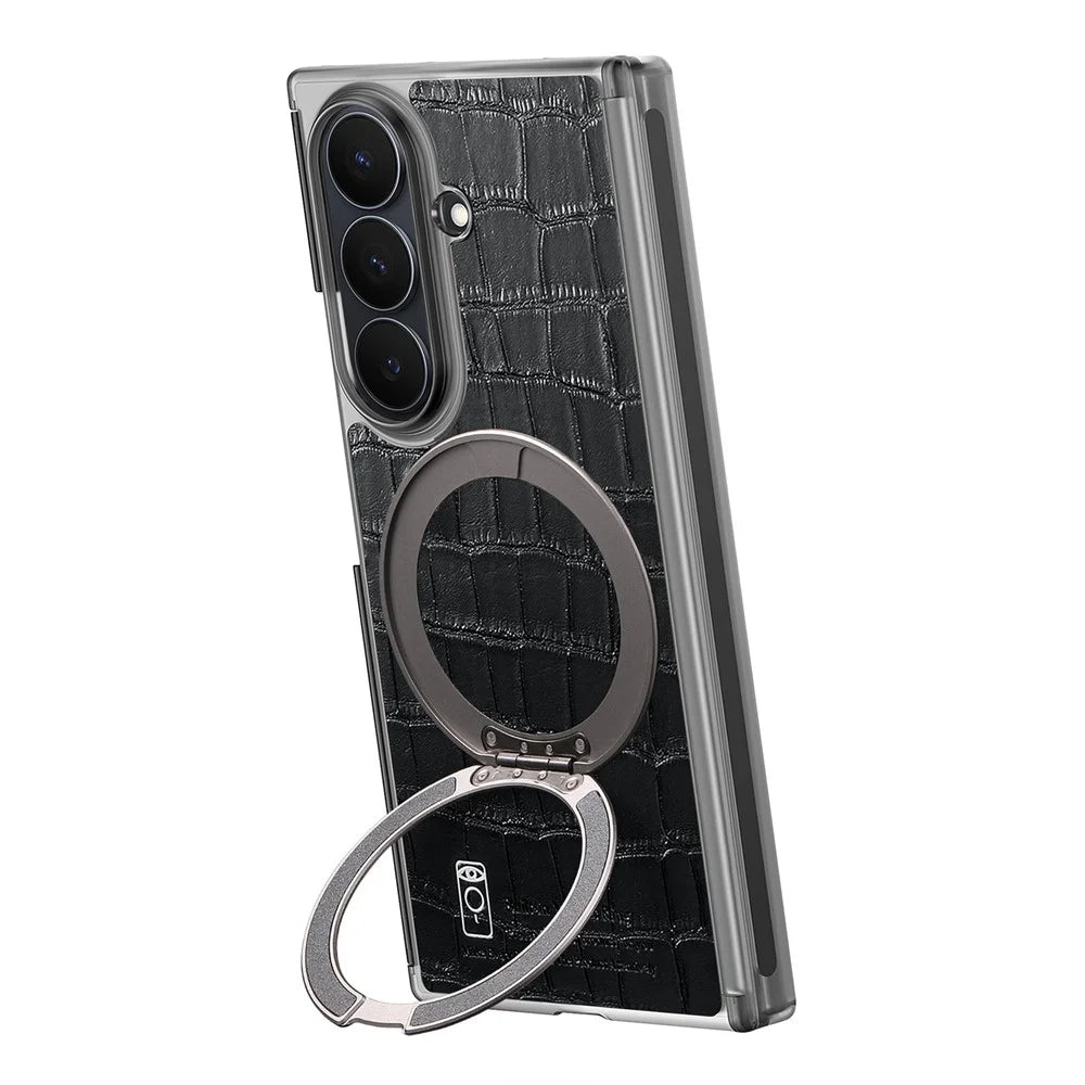For Samsung Galaxy Z TriFold 5G Magnetic Case Crocodile Texture Leather Dual Axis Phone Cover with 360° Ring Kickstand - Black - 1