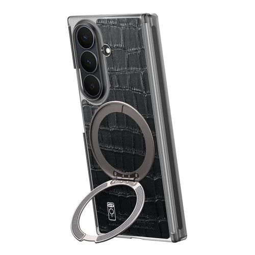For Samsung Galaxy Z TriFold 5G Magnetic Case Crocodile Texture Leather Dual Axis Phone Cover with 360° Ring Kickstand - Black - 1