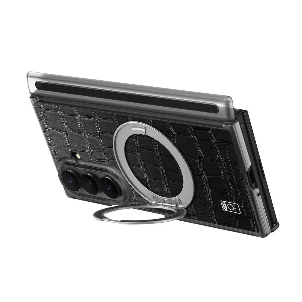 For Samsung Galaxy Z TriFold 5G Magnetic Case Crocodile Texture Leather Dual Axis Phone Cover with 360° Ring Kickstand - Black - 2