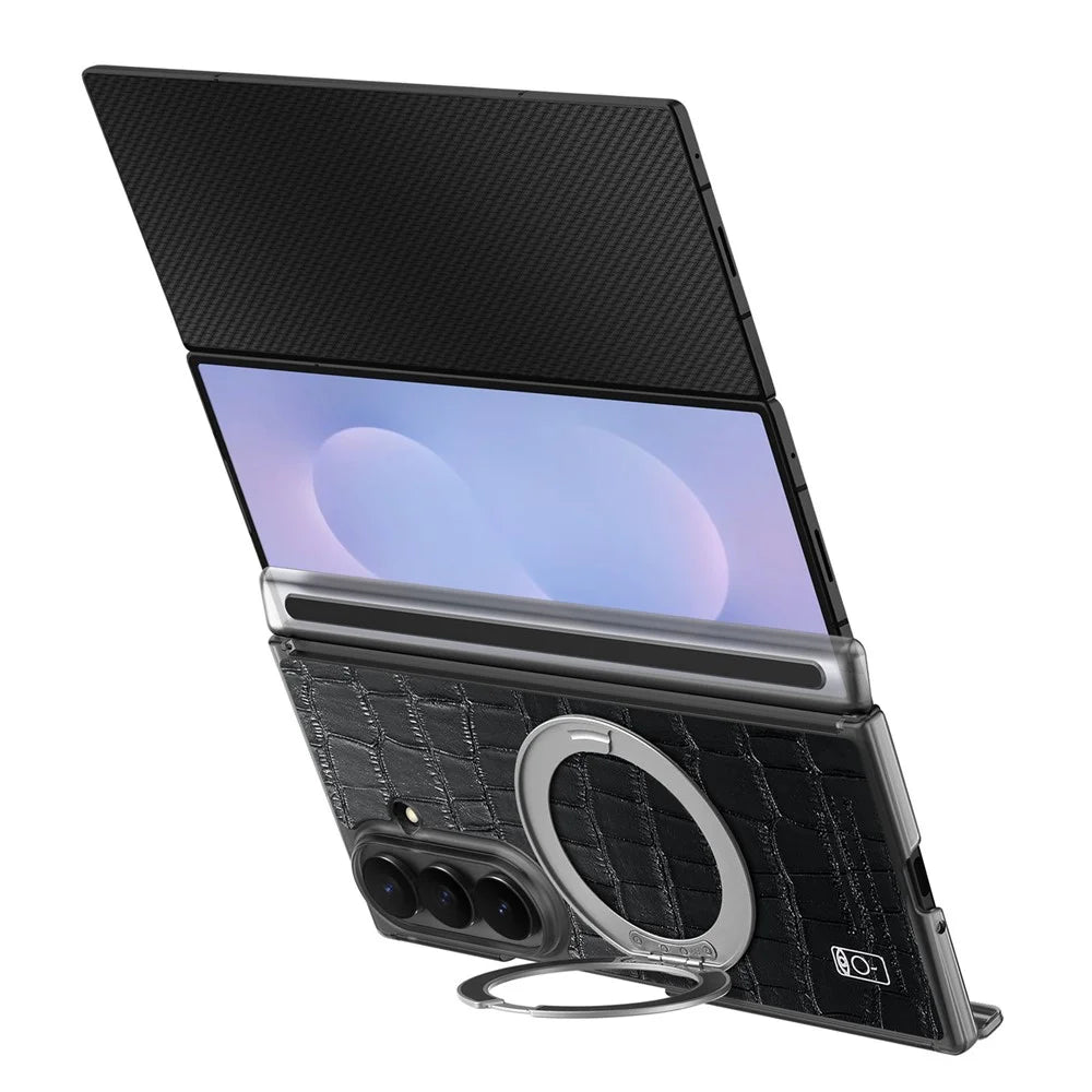 For Samsung Galaxy Z TriFold 5G Magnetic Case Crocodile Texture Leather Dual Axis Phone Cover with 360° Ring Kickstand - Black - 3