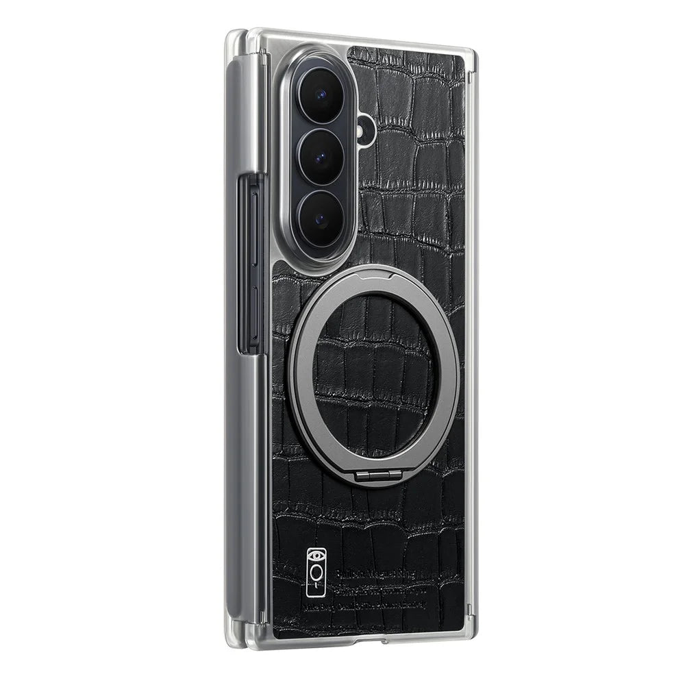 For Samsung Galaxy Z TriFold 5G Magnetic Case Crocodile Texture Leather Dual Axis Phone Cover with 360° Ring Kickstand - Black - 4