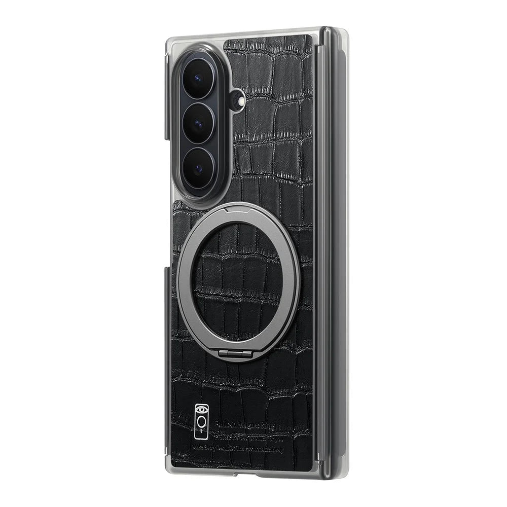 For Samsung Galaxy Z TriFold 5G Magnetic Case Crocodile Texture Leather Dual Axis Phone Cover with 360° Ring Kickstand - Black - 5