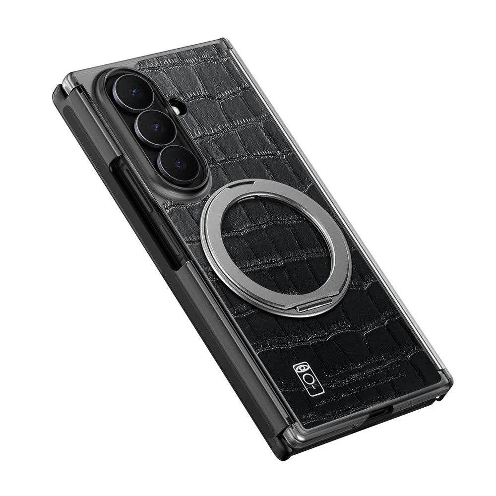 For Samsung Galaxy Z TriFold 5G Magnetic Case Crocodile Texture Leather Dual Axis Phone Cover with 360° Ring Kickstand - Black - 6