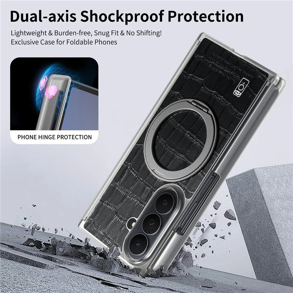 For Samsung Galaxy Z TriFold 5G Magnetic Case Crocodile Texture Leather Dual Axis Phone Cover with 360° Ring Kickstand - Black - 7