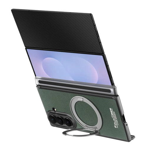 For Samsung Galaxy Z TriFold 5G Magnetic Case Litchi Texture Leather Phone Cover with 360 Rotating Ring Kickstand - Blackish Green - 1