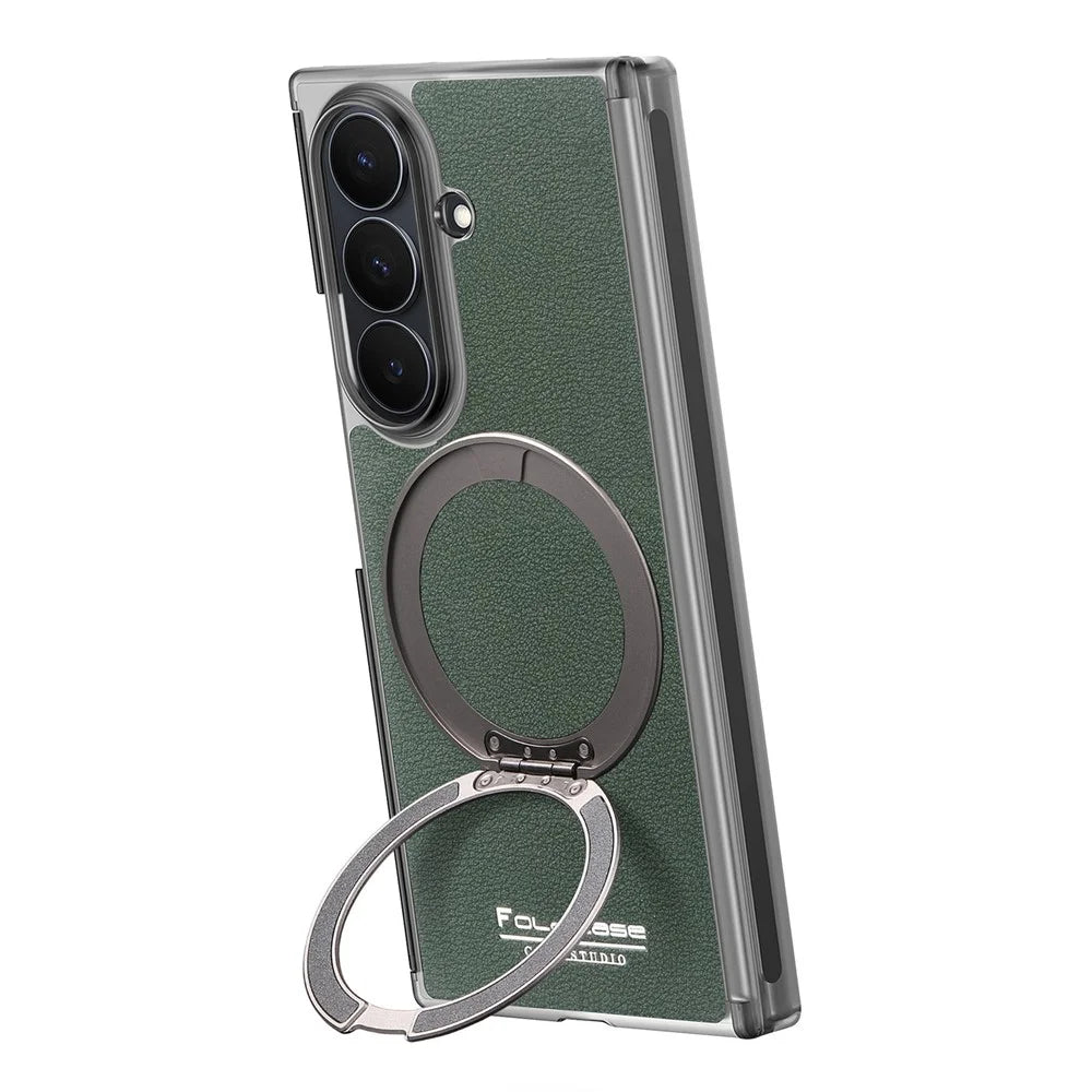 For Samsung Galaxy Z TriFold 5G Magnetic Case Litchi Texture Leather Phone Cover with 360 Rotating Ring Kickstand - Blackish Green - 2