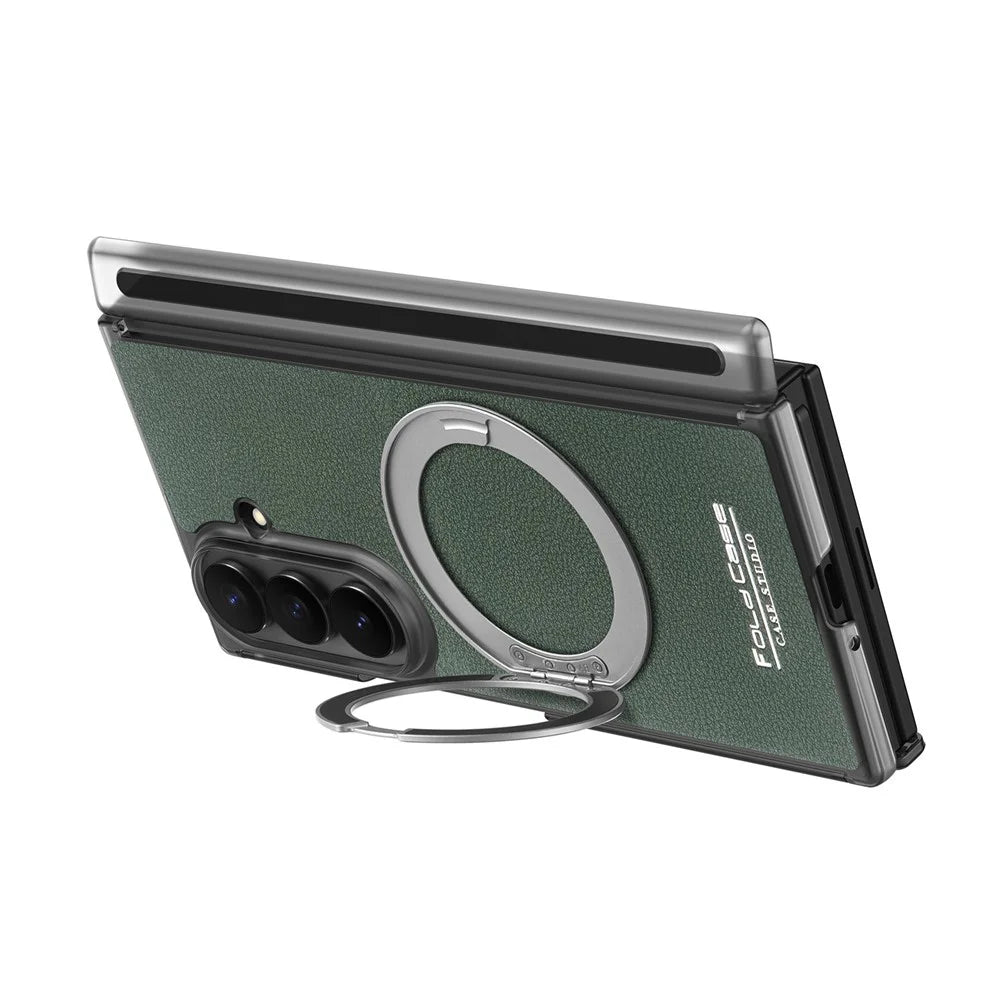 For Samsung Galaxy Z TriFold 5G Magnetic Case Litchi Texture Leather Phone Cover with 360 Rotating Ring Kickstand - Blackish Green - 3