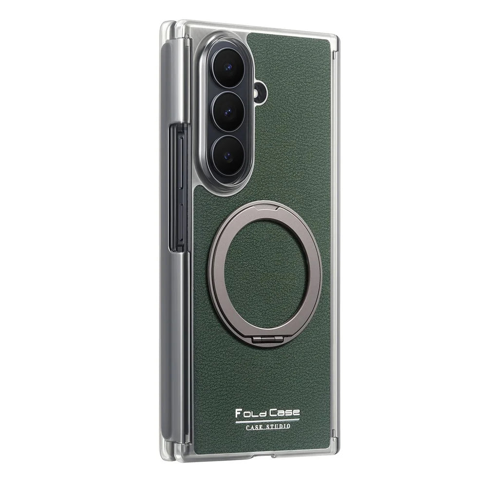 For Samsung Galaxy Z TriFold 5G Magnetic Case Litchi Texture Leather Phone Cover with 360 Rotating Ring Kickstand - Blackish Green - 4