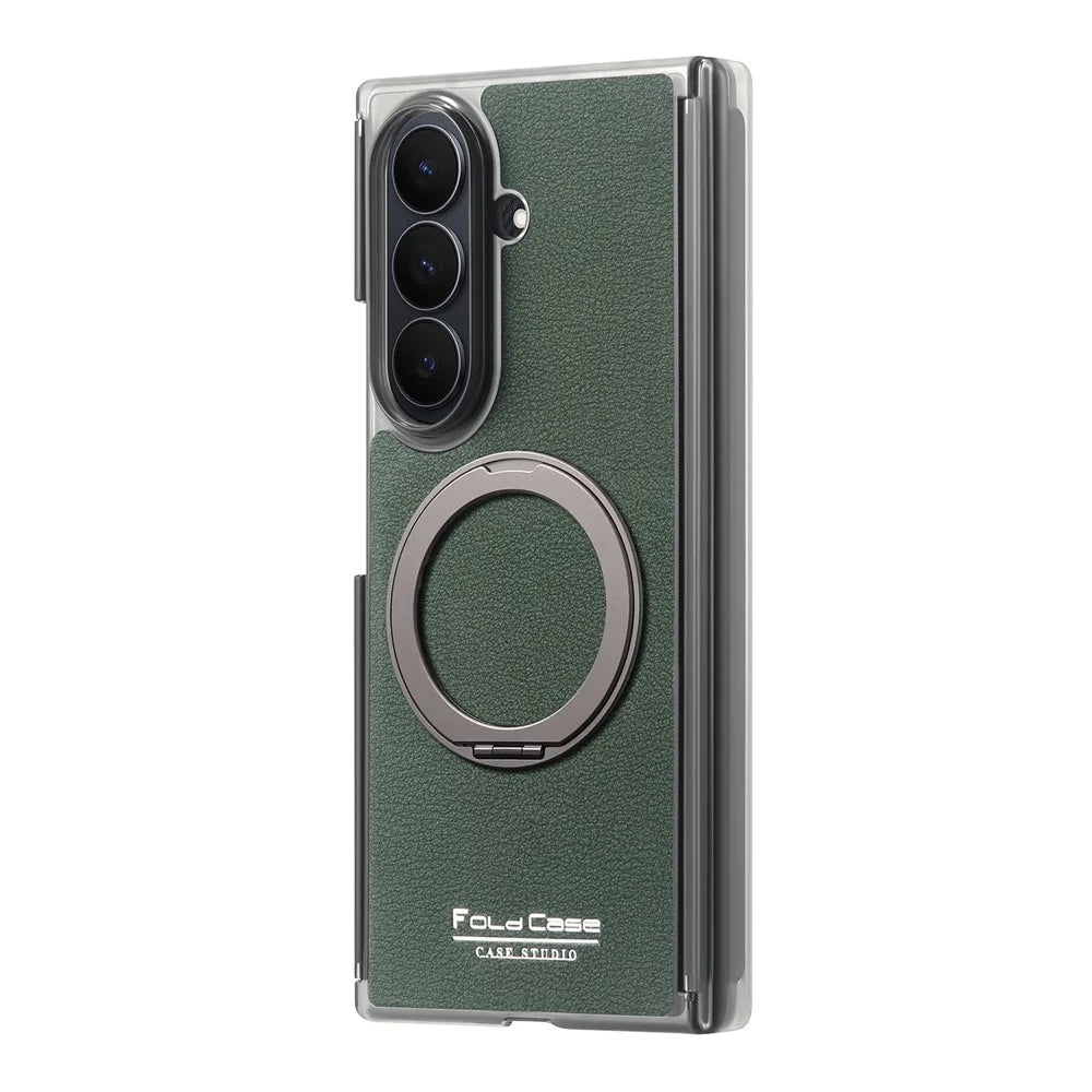 For Samsung Galaxy Z TriFold 5G Magnetic Case Litchi Texture Leather Phone Cover with 360 Rotating Ring Kickstand - Blackish Green - 5
