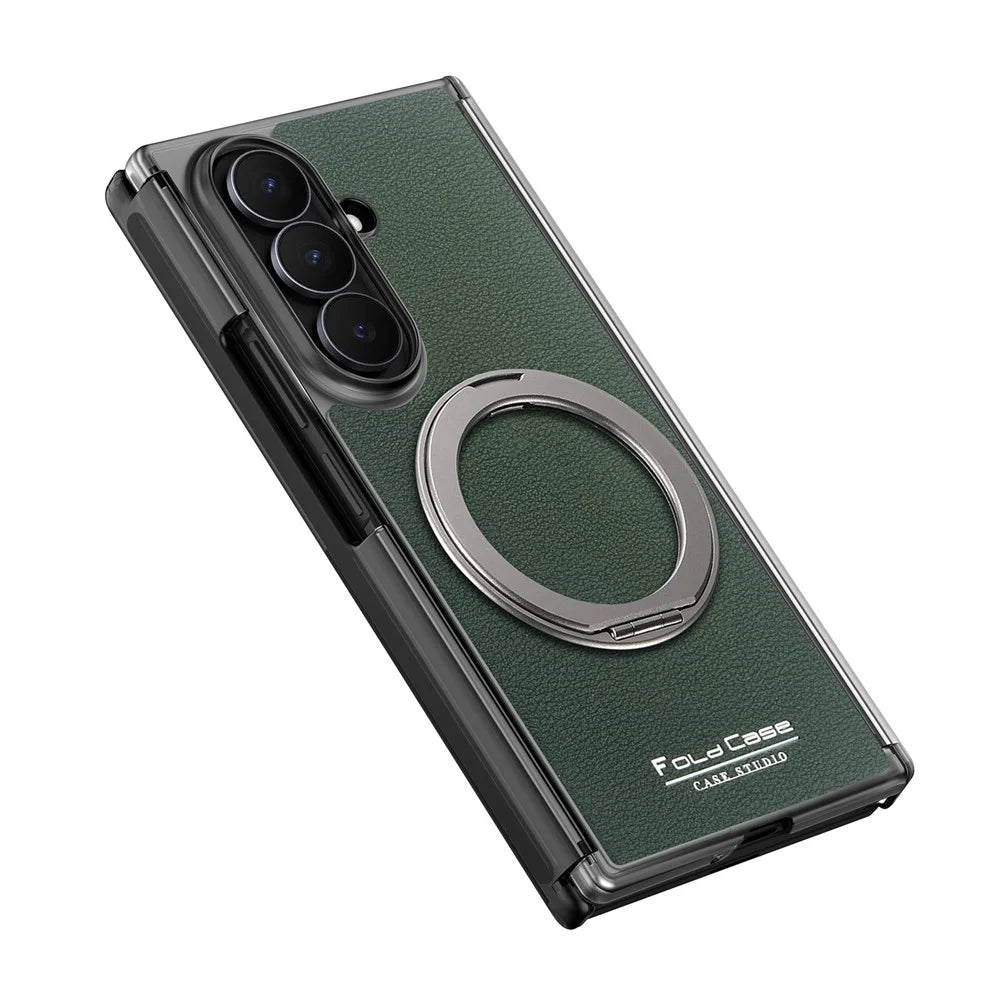 For Samsung Galaxy Z TriFold 5G Magnetic Case Litchi Texture Leather Phone Cover with 360 Rotating Ring Kickstand - Blackish Green - 6