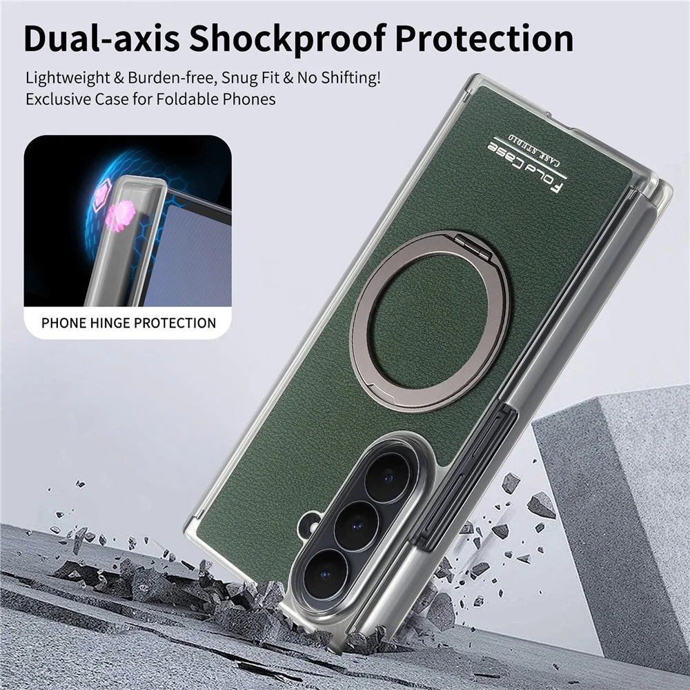 For Samsung Galaxy Z TriFold 5G Magnetic Case Litchi Texture Leather Phone Cover with 360 Rotating Ring Kickstand - Blackish Green - 7