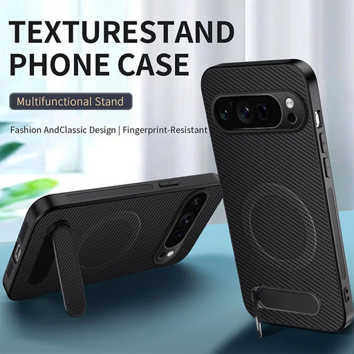 WANLONFENG For Google Pixel 9 Pro XL Magnetic Case  QT Series Kickstand Carbon Fiber Texture PC TPU Phone Cover - Black - 2