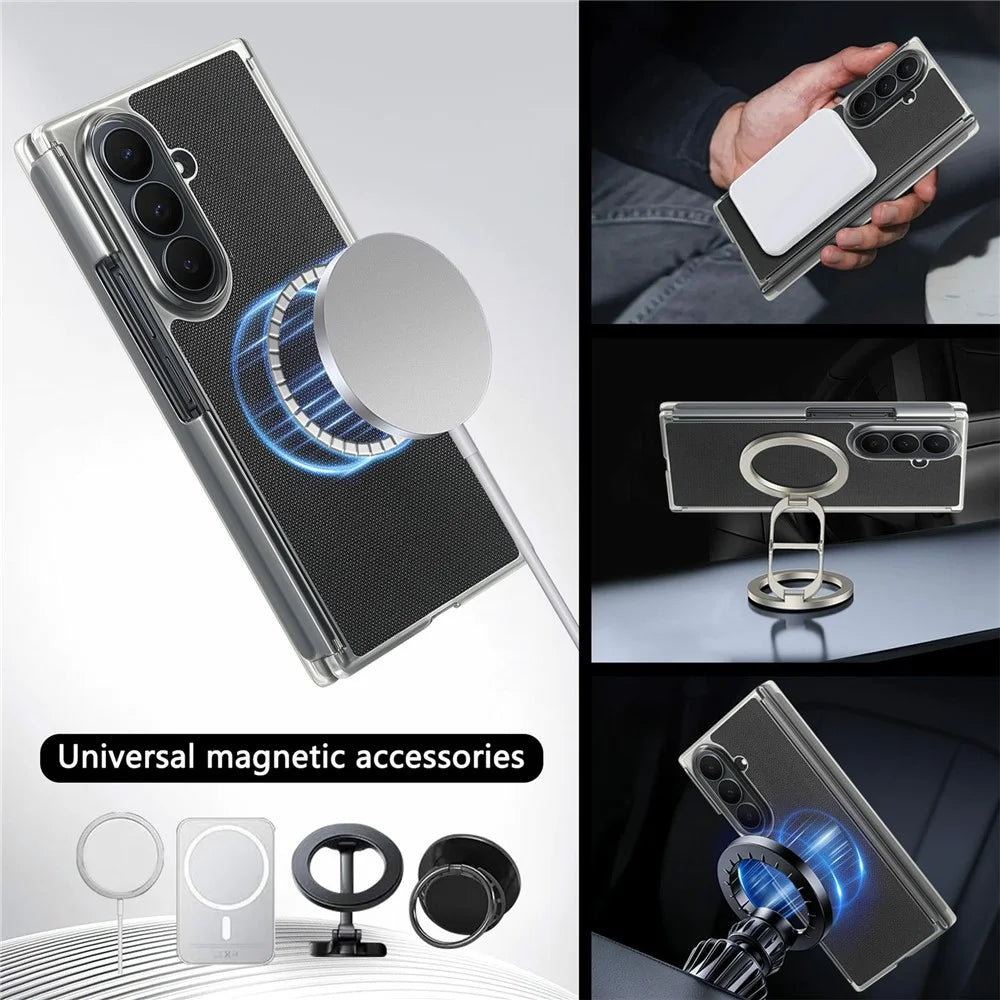 For Samsung Galaxy Z TriFold 5G Magnetic Phone Case Grid Texture PU Leather Cover with Dual Mid Axis Protection - Black - 5