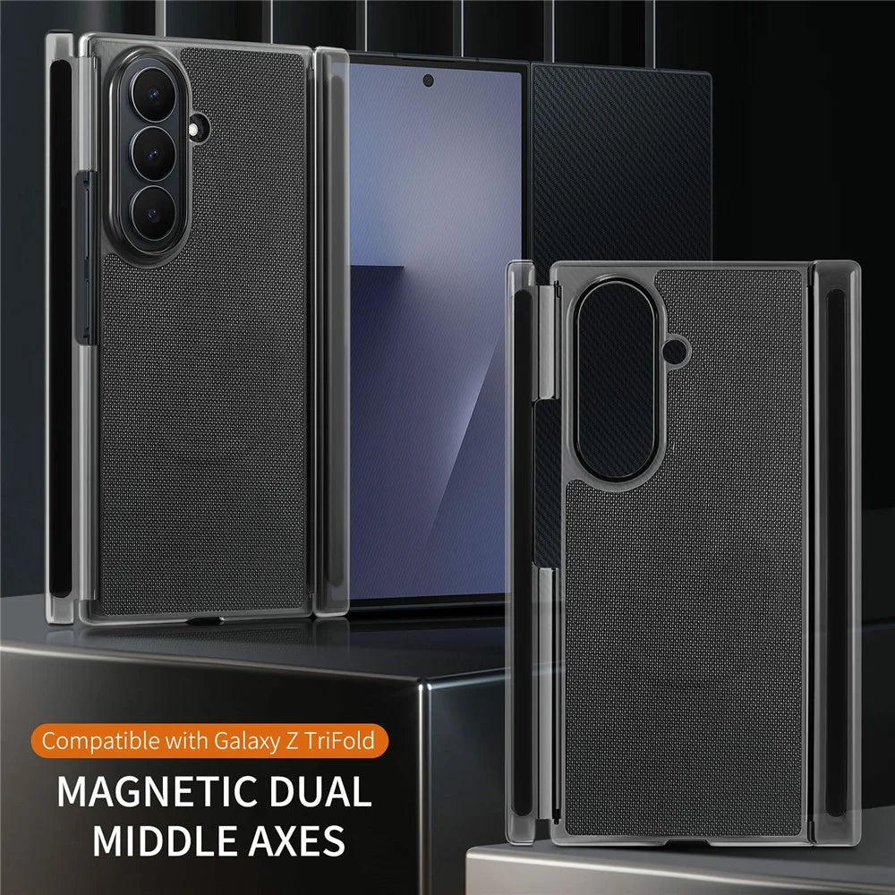 For Samsung Galaxy Z TriFold 5G Magnetic Phone Case Grid Texture PU Leather Cover with Dual Mid Axis Protection - Black - 6