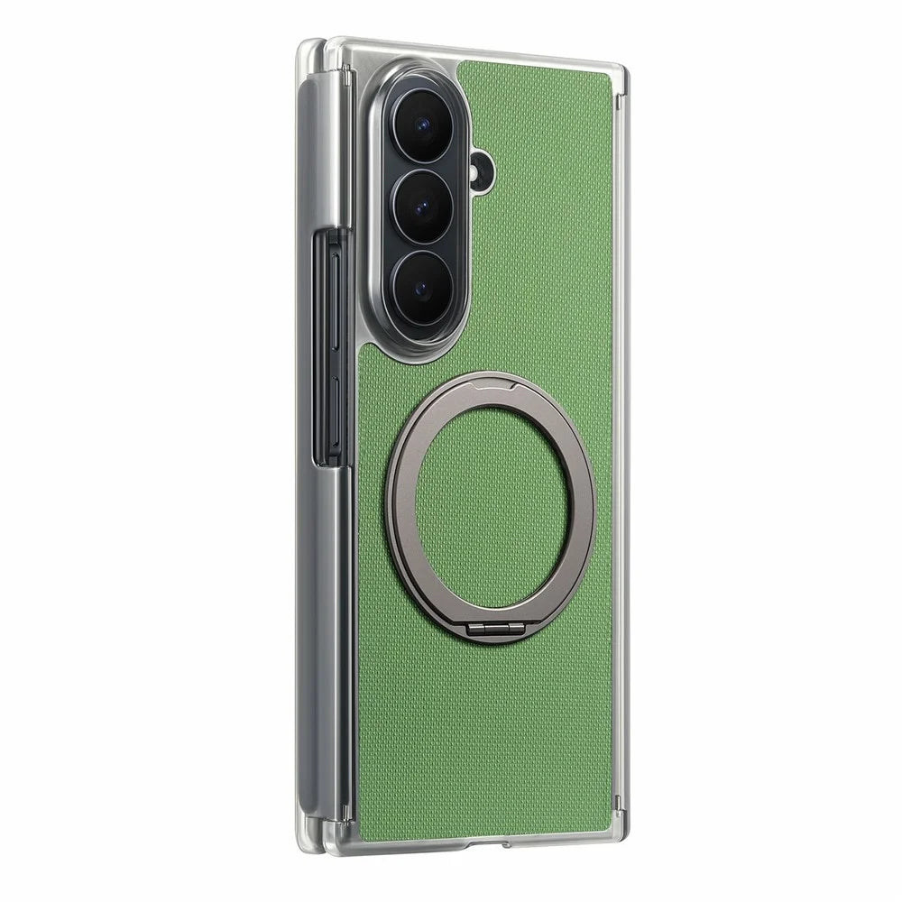 For Samsung Galaxy Z TriFold 5G Magnetic Phone Case Fine Grid Texture Leather Cover with 360 Rotating Ring Holder - Green - 1