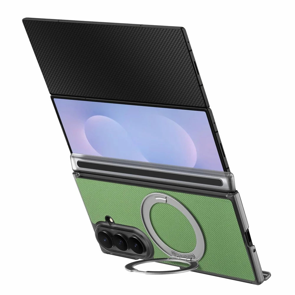 For Samsung Galaxy Z TriFold 5G Magnetic Phone Case Fine Grid Texture Leather Cover with 360 Rotating Ring Holder - Green - 5