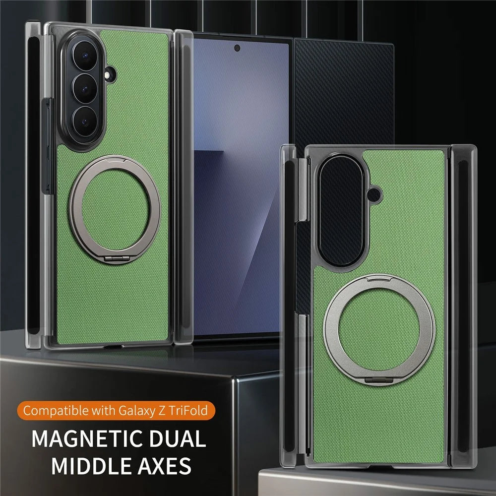 For Samsung Galaxy Z TriFold 5G Magnetic Phone Case Fine Grid Texture Leather Cover with 360 Rotating Ring Holder - Green - 6