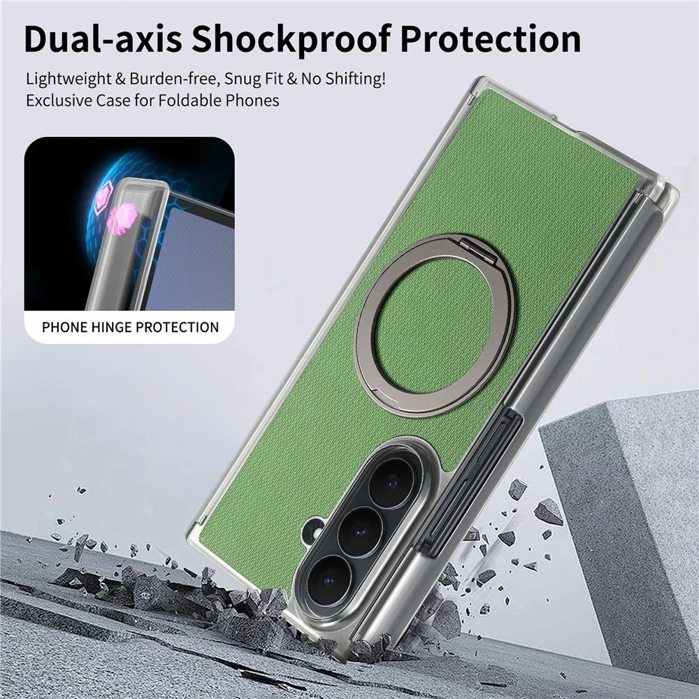 For Samsung Galaxy Z TriFold 5G Magnetic Phone Case Fine Grid Texture Leather Cover with 360 Rotating Ring Holder - Green - 7