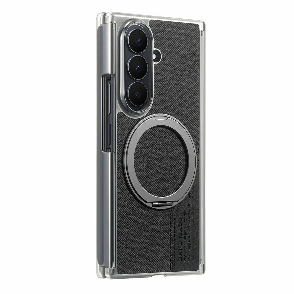 For Samsung Galaxy Z TriFold 5G Magnetic Phone Case Dual Axis Cloth Texture Leather Cover with 360° Rotating Ring Kickstand - Black - 1
