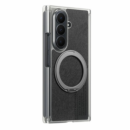 For Samsung Galaxy Z TriFold 5G Magnetic Phone Case Dual Axis Cloth Texture Leather Cover with 360° Rotating Ring Kickstand - Black - 1