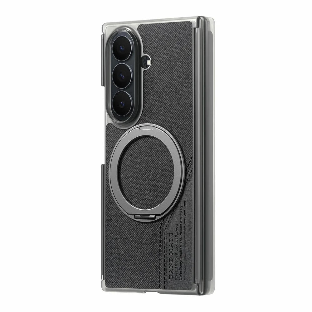 For Samsung Galaxy Z TriFold 5G Magnetic Phone Case Dual Axis Cloth Texture Leather Cover with 360° Rotating Ring Kickstand - Black - 2