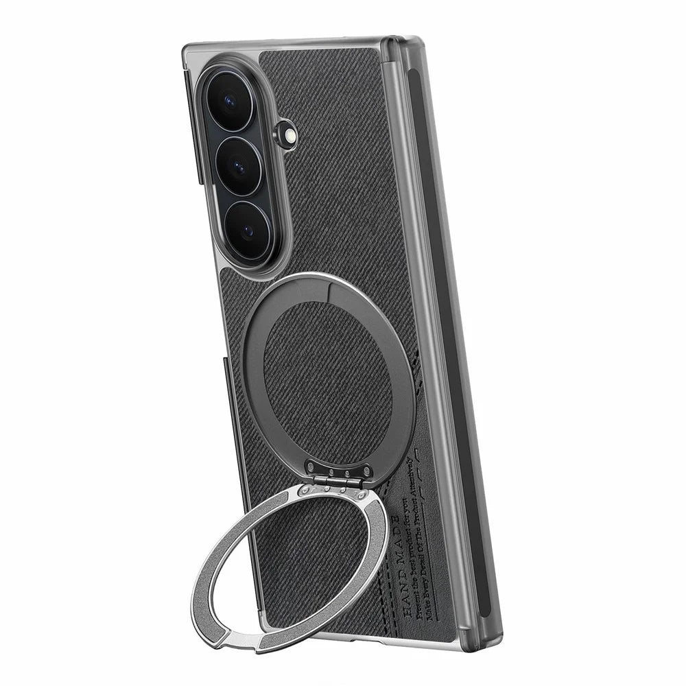 For Samsung Galaxy Z TriFold 5G Magnetic Phone Case Dual Axis Cloth Texture Leather Cover with 360° Rotating Ring Kickstand - Black - 3