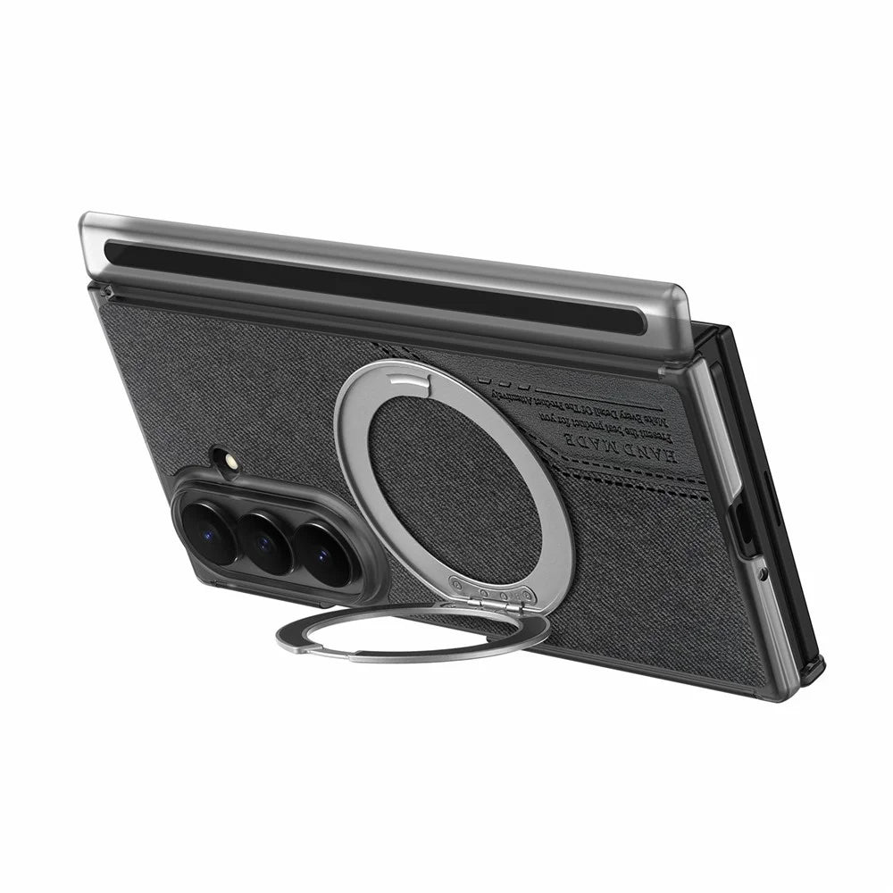 For Samsung Galaxy Z TriFold 5G Magnetic Phone Case Dual Axis Cloth Texture Leather Cover with 360° Rotating Ring Kickstand - Black - 4